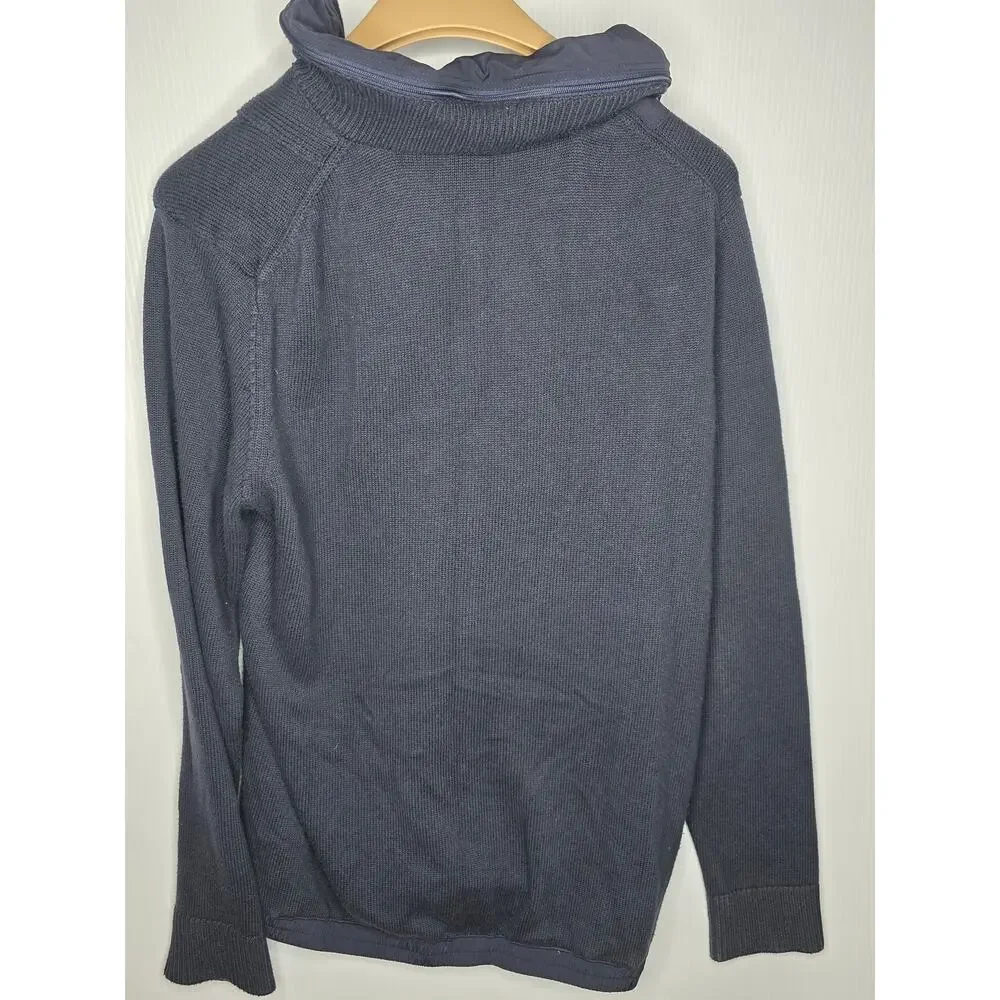 Orvis Size Medium Navy Blue Cotton Blend Button Mock Neck Sweater Front Pocket